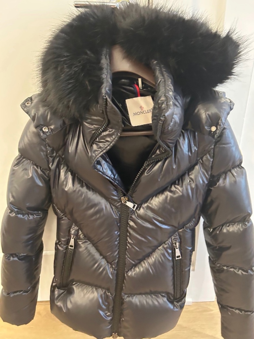 Moncler Boed Belted Down Jacket with Shearling Hood Trim